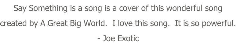 Say Something is a song is a cover of this wonderful song  created by A Great Big World.  I love this song.  It is so powerful. - Joe Exotic